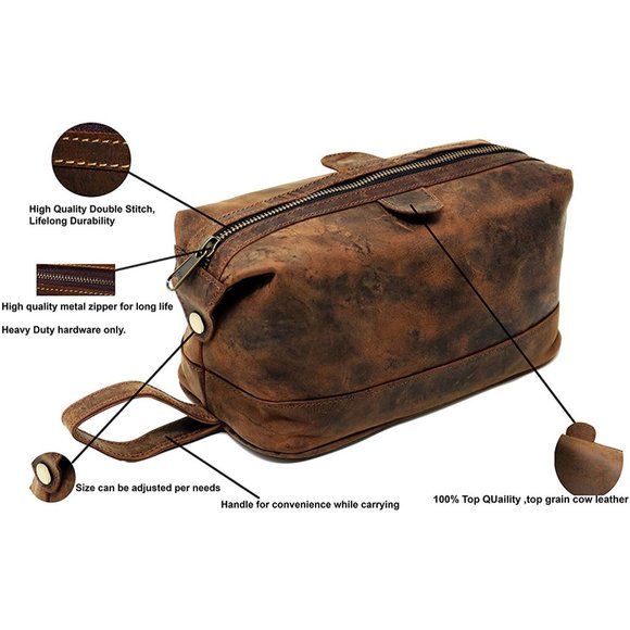 Top Grain Buffalo Leather Toiletry Bag Waterproof Dopp Kit Shaving Grooming bag - Picture 2 of 6
